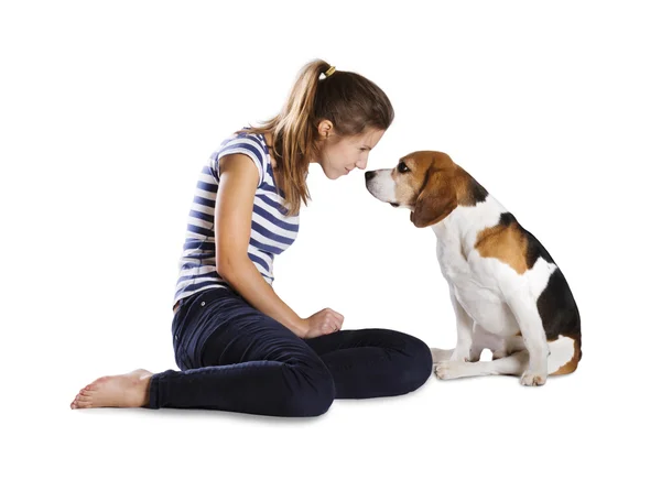 Chien et femme en studio — Photo