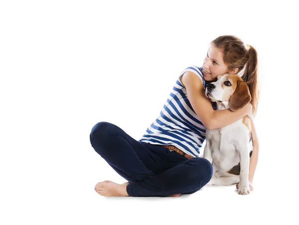 Hund och kvinna i studio — Stockfoto