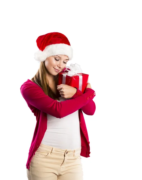 Beautiful christmas woman with gift — Stock Photo, Image