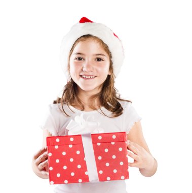 Noel hediye ile Noel Baba şapkalı küçük kız