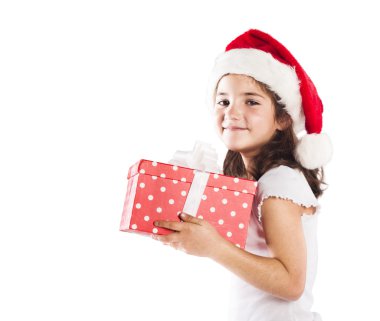 Noel hediye ile Noel Baba şapkalı küçük kız