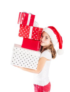 Noel hediye ile Noel Baba şapkalı küçük kız