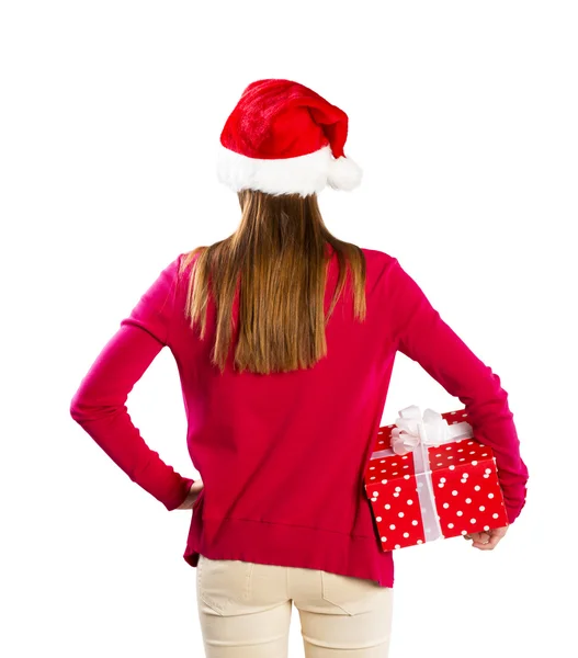 Beautiful christmas woman with gift — Stock Photo, Image