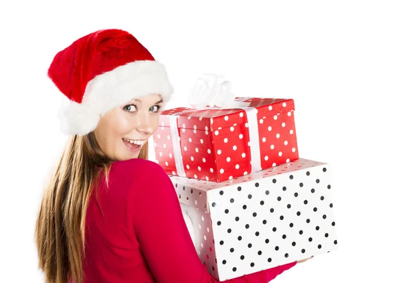 Beautiful christmas woman with gift — Stock Photo, Image