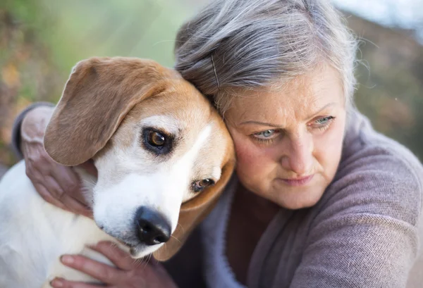 Aktif kadın kıdemli hugs köpek — Stok fotoğraf