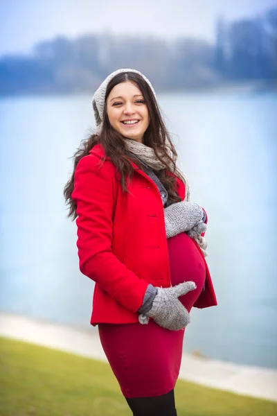 Retrato de invierno de una hermosa mujer embarazada — Foto de Stock