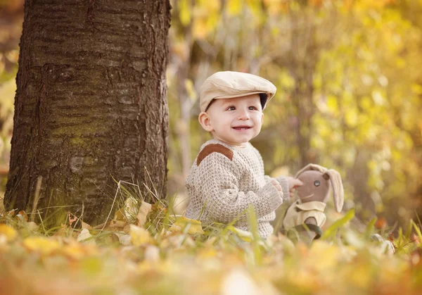 Niño feliz está jugando en la naturaleza colorida otoño — Foto de Stock