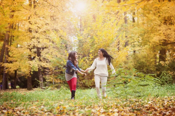 母と娘は楽しんで秋の自然の中で — ストック写真