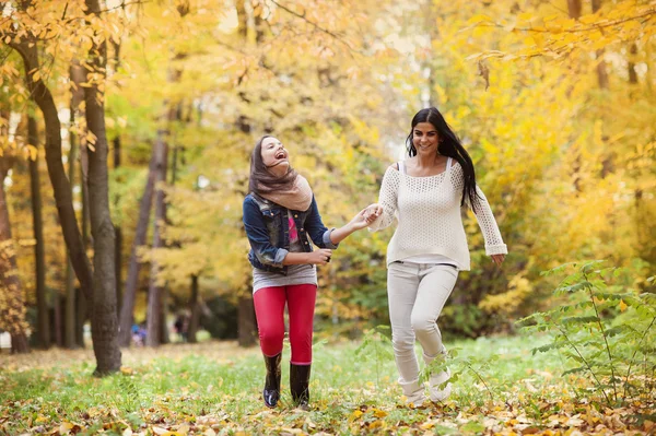 Matka i córka są zabawy w jesień natura — Zdjęcie stockowe