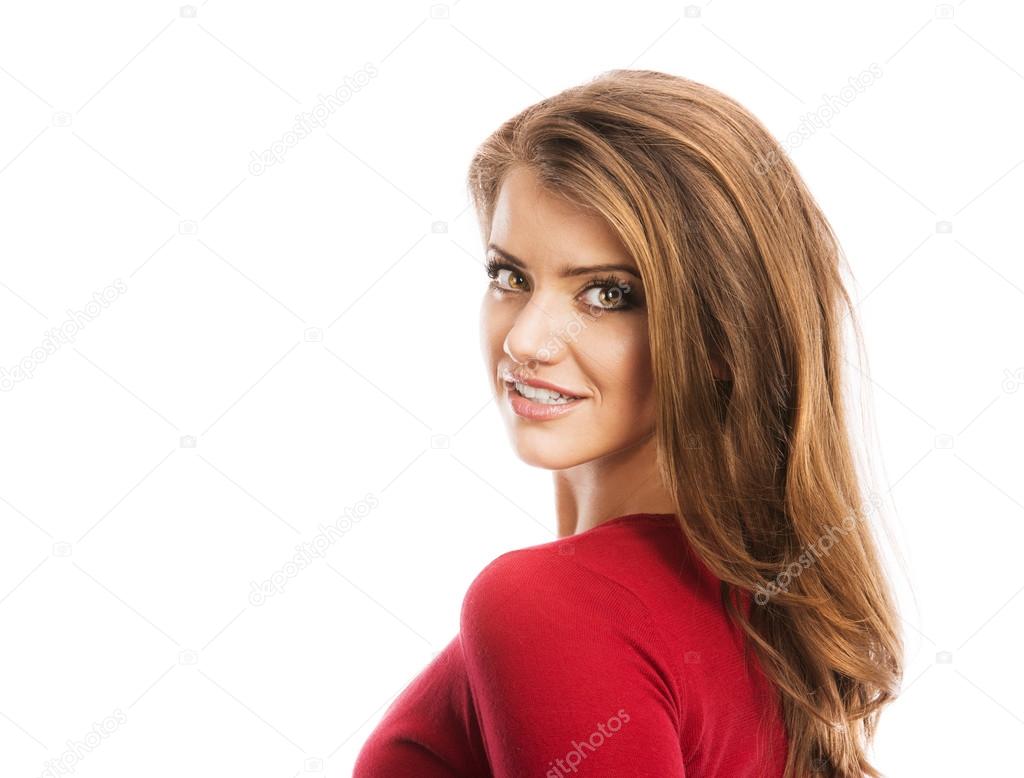 Woman in red cardigan