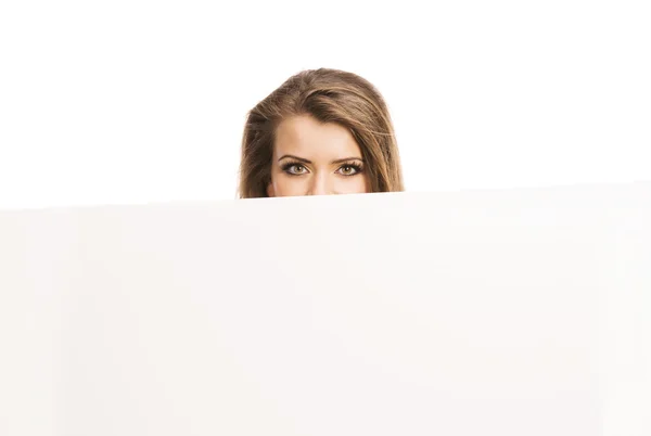 Mulher com banner de publicidade — Fotografia de Stock