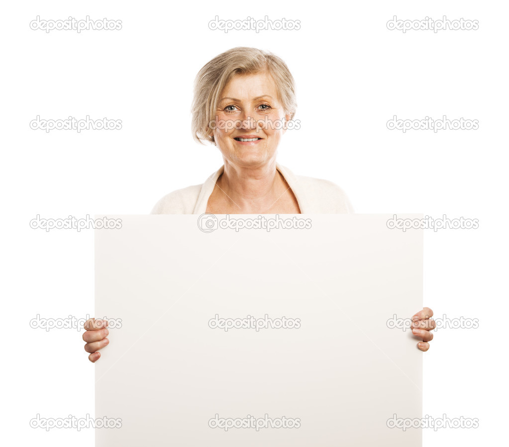 Senior woman with advertising board