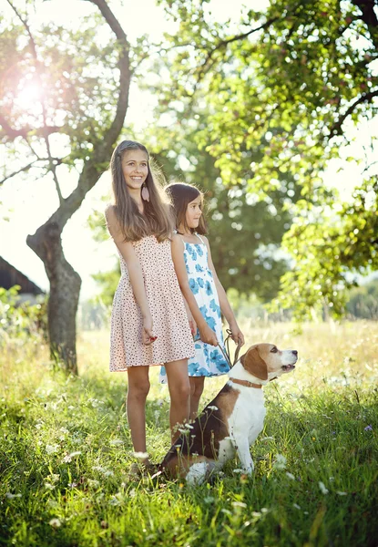 Две сестры с собакой — стоковое фото