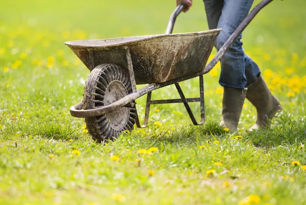 Agricoltore spingendo carriola — Foto Stock