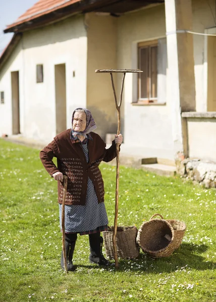 Frau mit Harke und Körben — Stockfoto