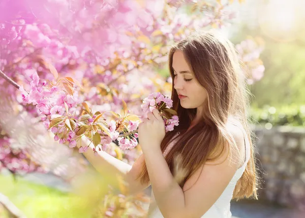 Dívka mezi kvetoucí stromy — Stock fotografie