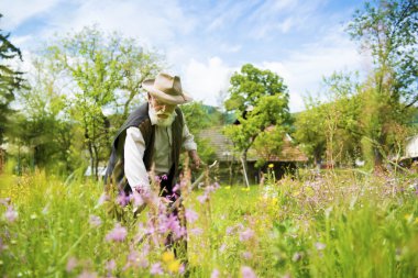 Çiftçi tırpan çim biçmek için kullanma