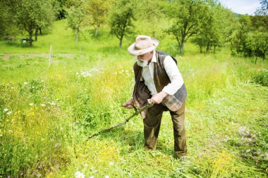 Çiftçi tırpan çim biçmek için kullanma
