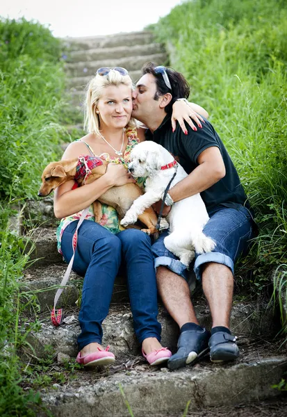 Couple playing with dogs — Stock Photo, Image