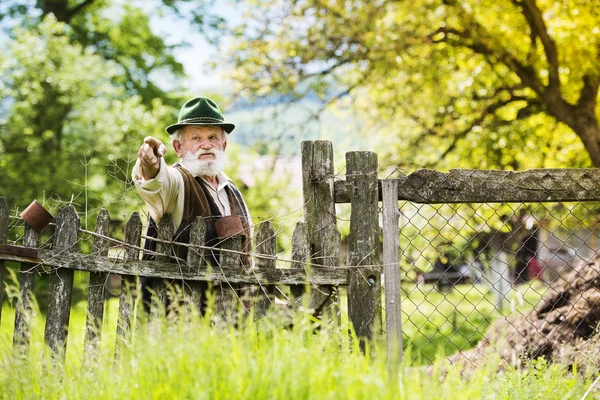 Farmer standing  by the lath fence — Stock Photo, Image