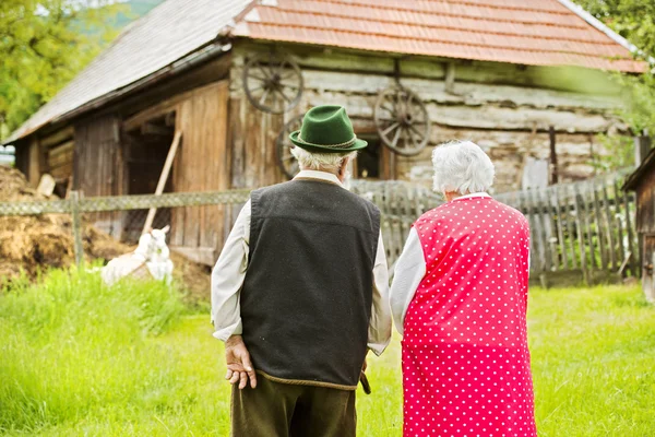 Casal em pé por fazenda — Fotografia de Stock