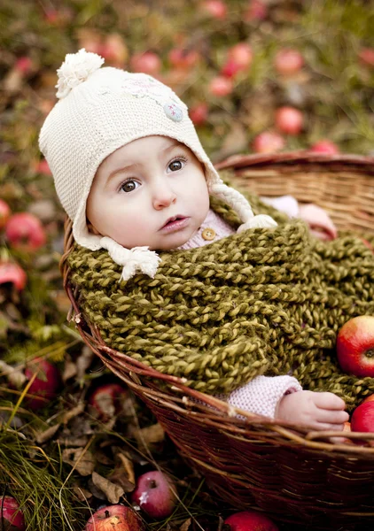 Glückliches Mädchen sitzt im Korb — Stockfoto