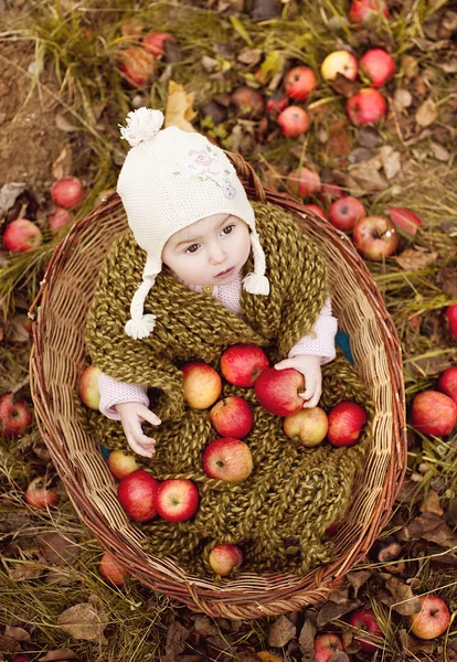 Happy girl is sitting in basket — Stock Photo, Image