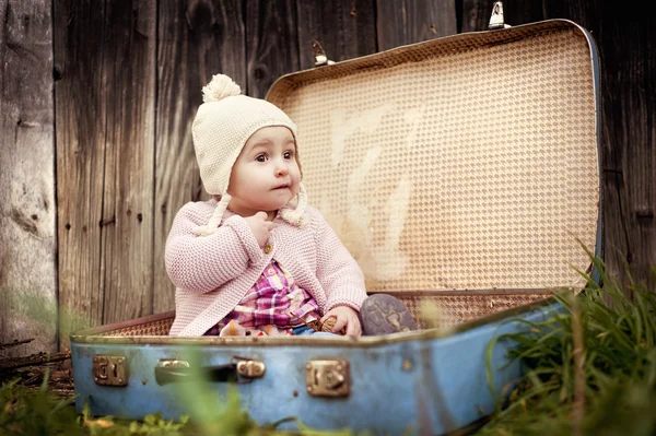 Girl is sitting in suitcase — Stock Photo, Image