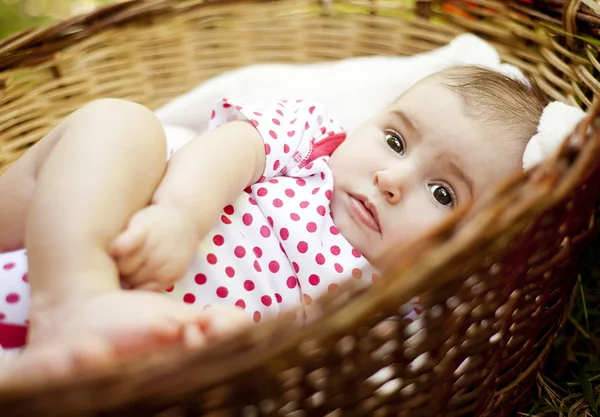 Baby girl in basket — Stock Photo, Image