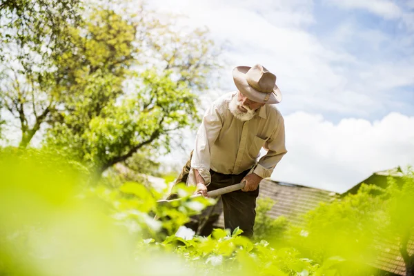 Boer met een schoffel wieden — Stockfoto