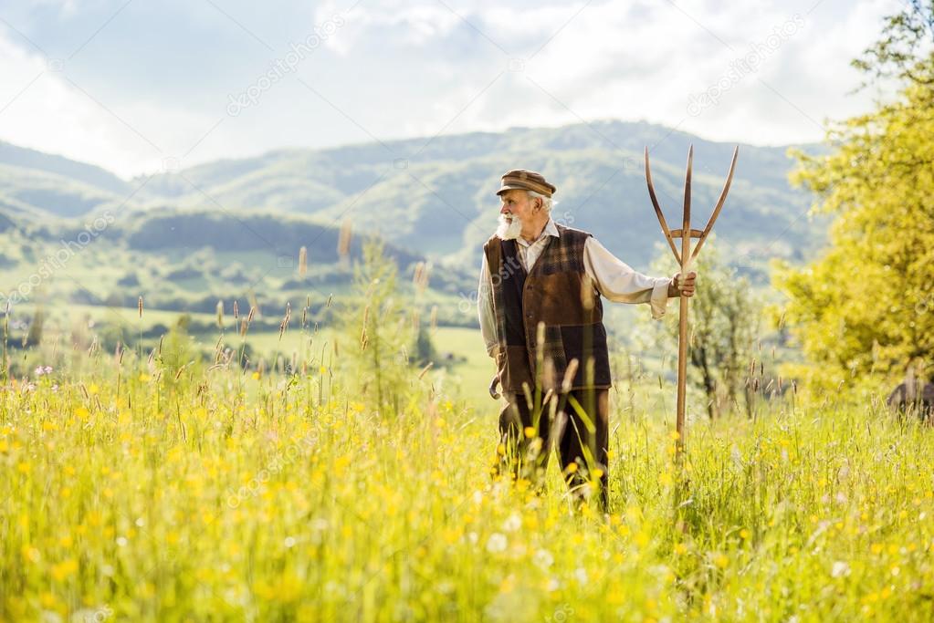 Old farmer holding hayfork