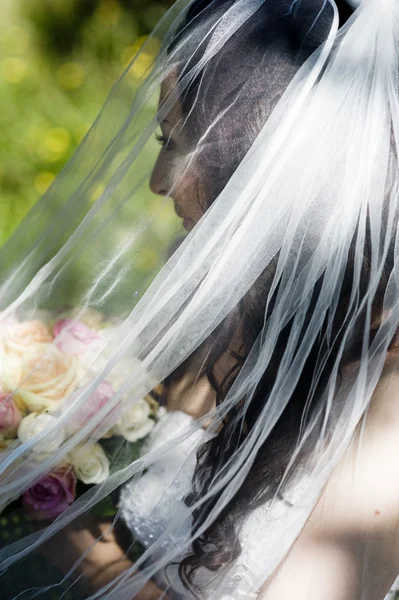 Bride with veil and bouquet — Stock Photo, Image