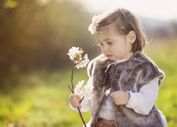 Girl with blooming branch — Stock Photo, Image