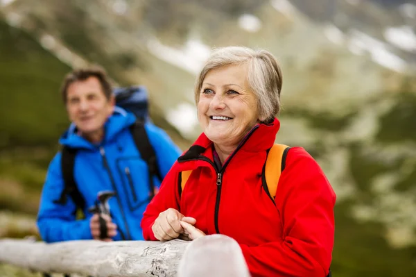 Senior couple hiking at mountains — Stock Photo, Image