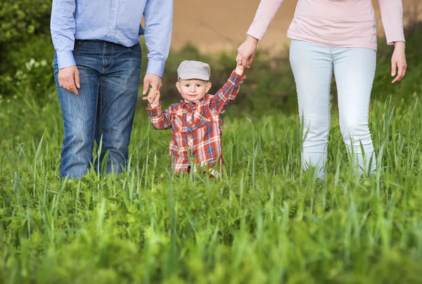 Familie met zoon op weide — Stockfoto