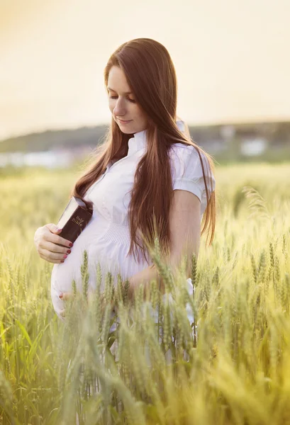 Беременная женщина молится в поле — стоковое фото