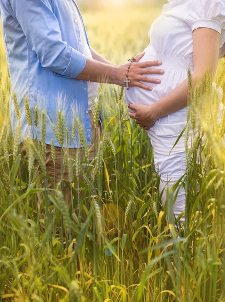 Pregnant couple praying in field — Stock Photo, Image