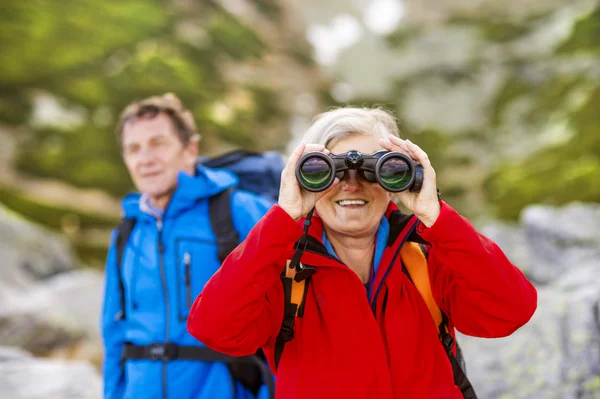 Coppia escursionisti con binocolo — Foto Stock