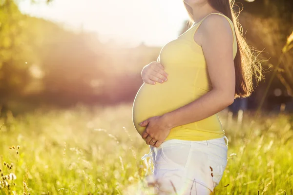 Gravid kvinna i fältet Royaltyfria Stockbilder