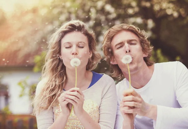 Couple are blowing dandelions — Stock Photo, Image