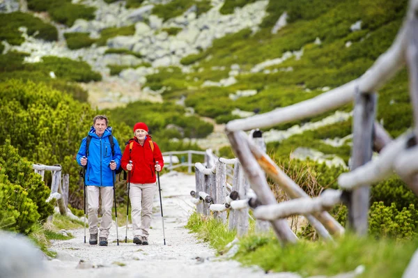 Coppia di turisti escursioni in montagna — Foto Stock