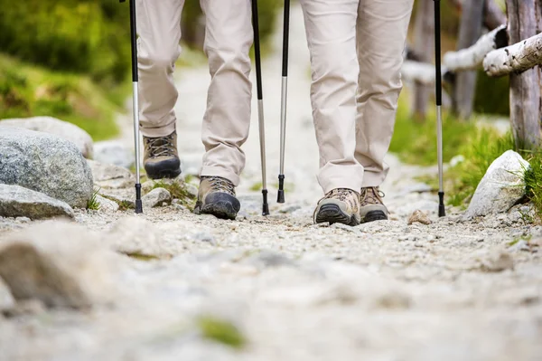 Legs of couple hiking at mountains — Stock Photo, Image