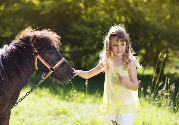 Girl feeding pony — Stock Photo, Image