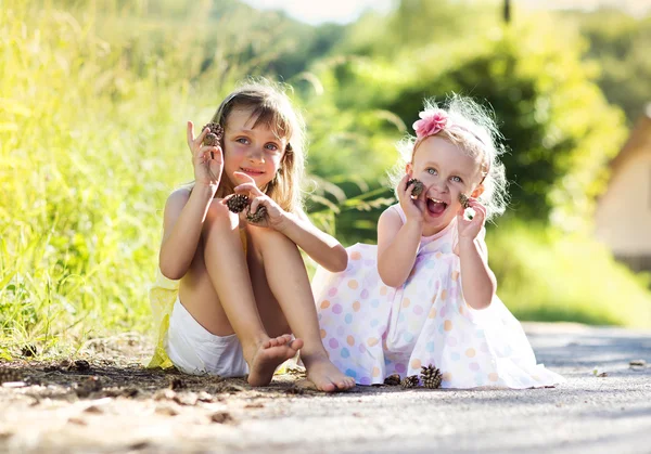 Sisters sittting with pine cones — Stock Photo, Image
