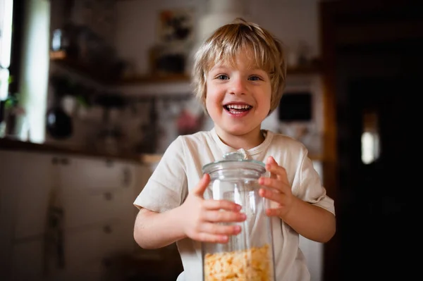 Retrato de niño pequeño lindo sosteniendo contenedor con copos de maíz en el interior de casa, mirando a la cámara. —  Fotos de Stock