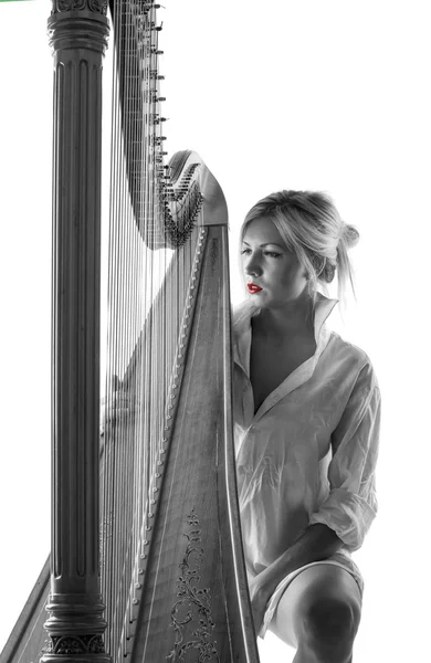 Woman with harp — Stock Photo, Image