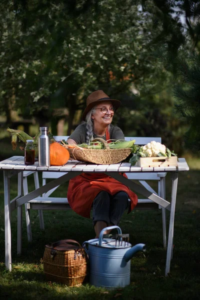 Mutlu kıdemli kadın çiftçi, çiftlikte evde yetiştirilen sebzelerle oturuyor.. — Stok fotoğraf