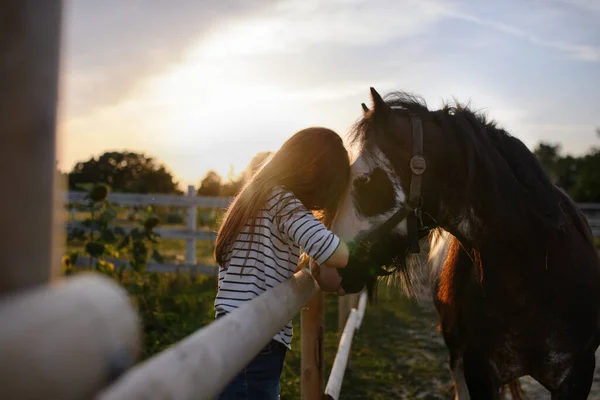 Little girl hugging horse outdoors at community farm. — Stock Photo, Image