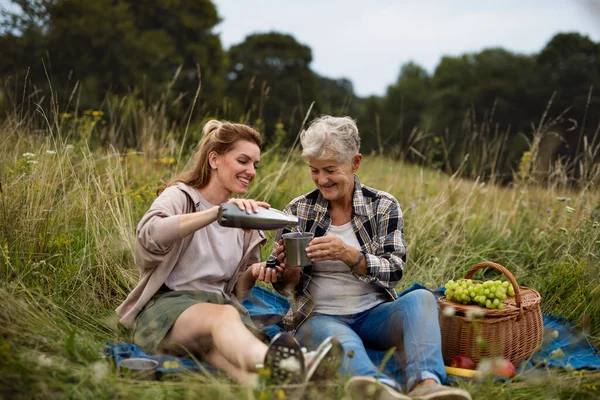Happy senior mother and adult daughter sitting and having picnic outdoors in nature. — Stock Photo, Image