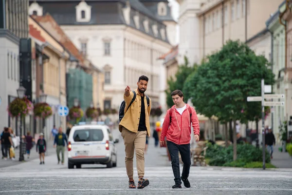 Joven con síndrome de Down y su amigo mentor caminando y hablando al aire libre —  Fotos de Stock